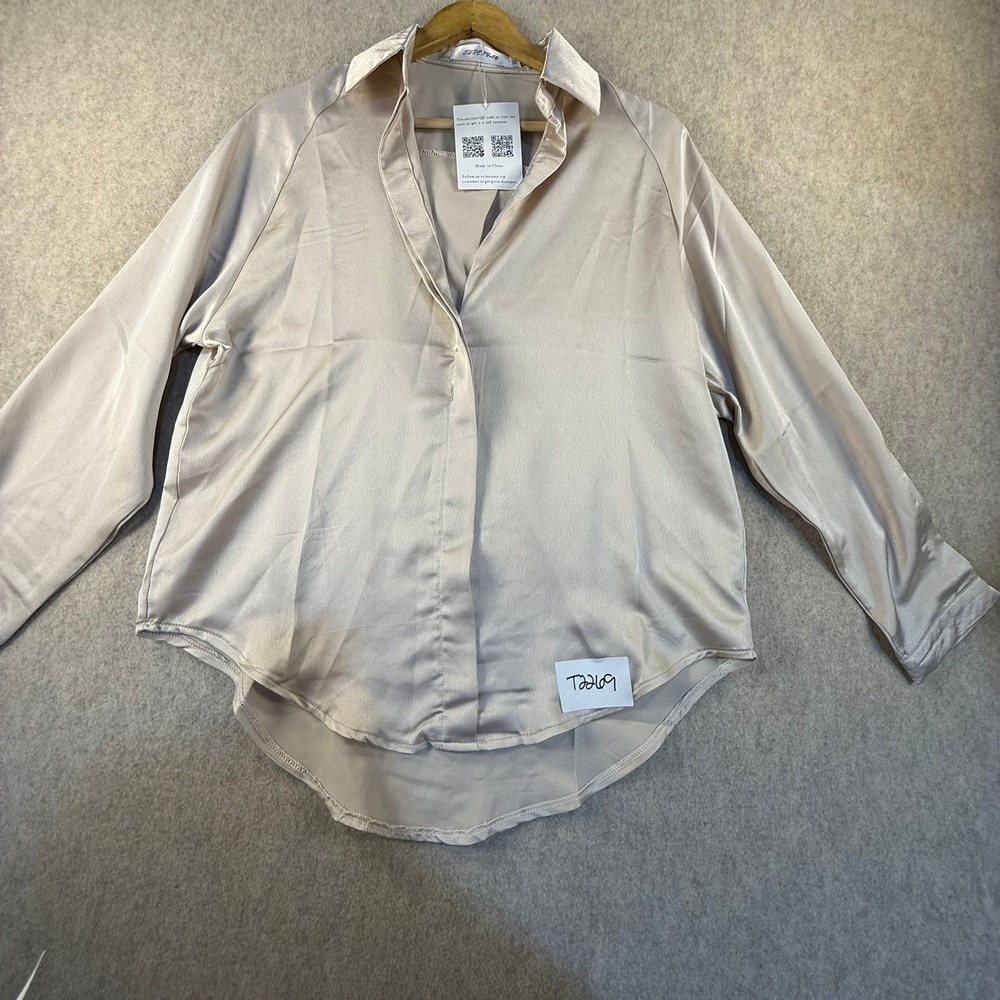 Womens Beige Satin Button-Front Blouse